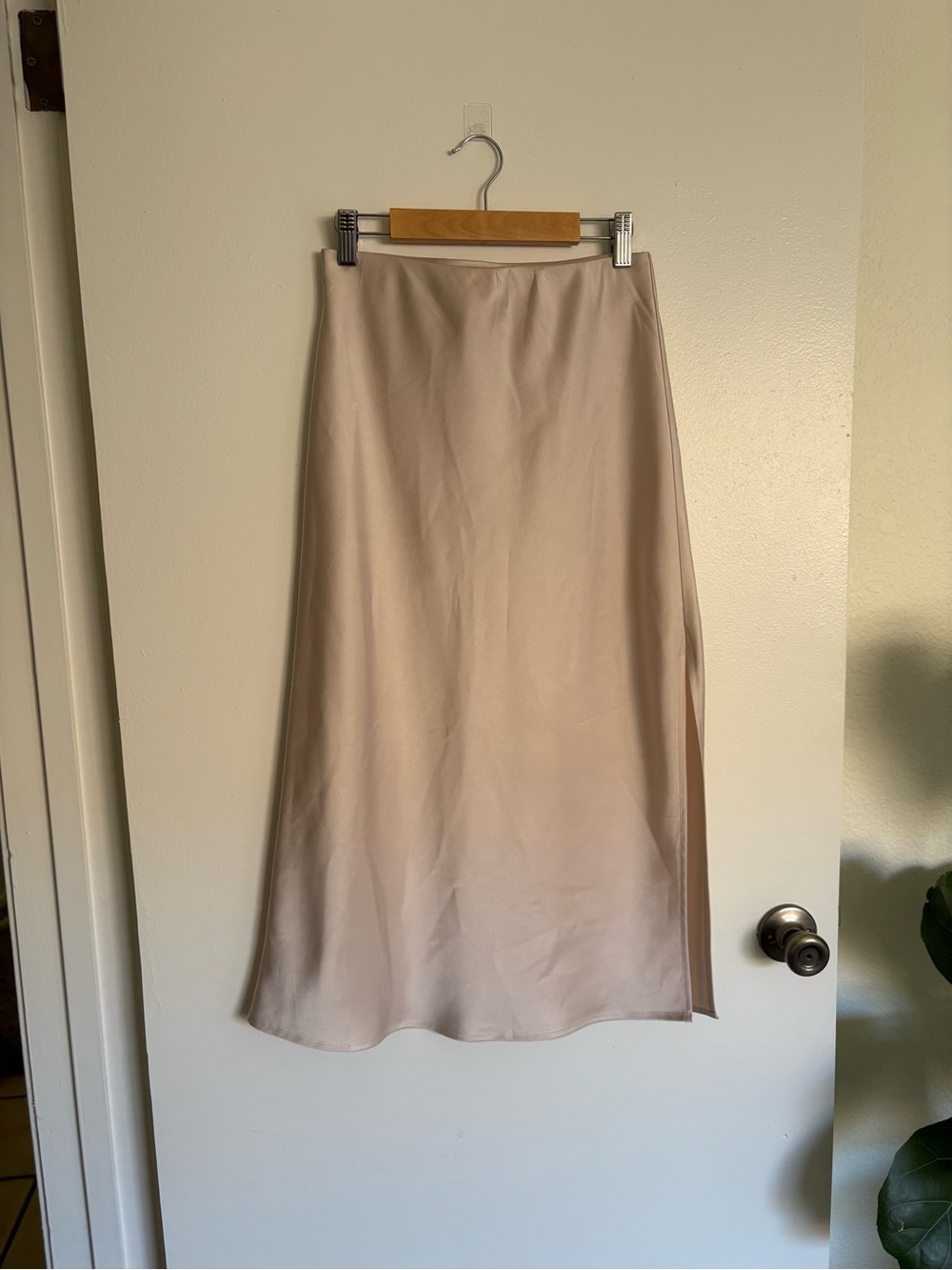 Cream satin midi skirt with side slit